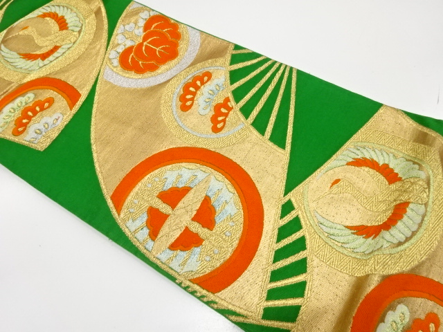 JAPANESE KIMONO / ANTIQUE FUKURO OBI / SILK / WOVEN FOLDING FAN & BUTTERFLIES & KASAMATSU & PAULOWNIA
